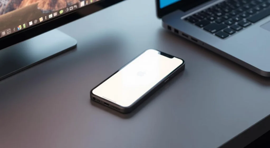An iPhone 16 Pro (512 GB) in a sleek titanium-desert finish sits on a smooth, angled surface. A subtle glow emanates from the device, illuminating the screen as data effortlessly migrates between the phone and a nearby computer. The scene conveys a sense of seamless data transfer, with clean lines, muted tones, and a tranquil ambiance that reflects the "Fácil Migração de Dados" section of the article. The lighting is soft and natural, with a slight depth of field to focus attention on the central subject. The overall composition is balanced and visually appealing, capturing the elegance and simplicity of the data migration process. An iPhone 16 Pro (512 GB) in a sleek titanium-desert finish sits on a smooth, angled surface. A subtle glow emanates from the device, illuminating the screen as data effortlessly migrates between the phone and a nearby computer. The scene conveys a sense of seamless data transfer, with clean lines, muted tones, and a tranquil ambiance that reflects the "Fácil Migração de Dados" section of the article. The lighting is soft and natural, with a slight depth of field to focus attention on the central subject. The overall composition is balanced and visually appealing, capturing the elegance and simplicity of the data migration process.
