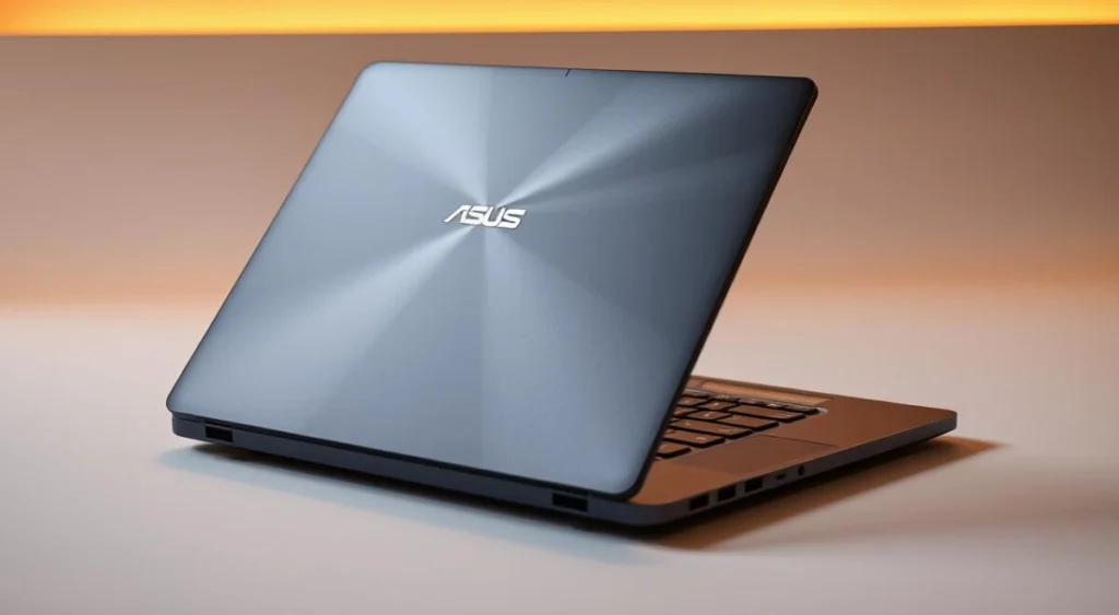 A detailed close-up view of the open design notebook of an ASUS Vivobook 15 M1502YA laptop, showcasing its sleek and modern aesthetic. The notebook's aluminum chassis shines under soft, warm lighting, with the ASUS logo prominently displayed on the lid. The display is open, revealing the 15.6-inch FHD screen and the backlit keyboard, showcasing the device's functionality and premium build quality. The notebook is positioned on a minimalist, neutral-toned surface, allowing the design elements to take center stage. The overall scene conveys a sense of sophistication and attention to detail in the engineering and design of this ASUS Vivobook laptop.