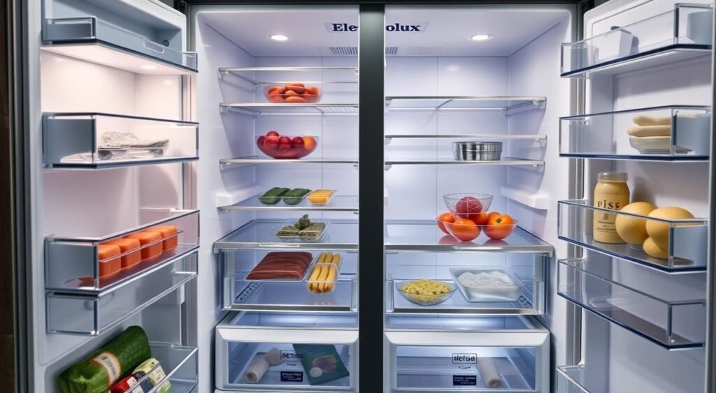 A detailed interior view of the refrigerator compartments of an Electrolux Side by Side Efficient refrigerator with Autosense technology, 435L capacity. The image showcases the various storage areas, shelves, and drawers within the refrigerator, illuminated by soft, natural lighting that accentuates the sleek, modern design. The arrangement of the compartments reflects optimal organization and efficient use of the available space, highlighting the refrigerator's versatile and practical features. The image should convey a sense of order, functionality, and the sophisticated technology that powers this Electrolux appliance. A detailed interior view of the refrigerator compartments of an Electrolux Side by Side Efficient refrigerator with Autosense technology, 435L capacity. The image showcases the various storage areas, shelves, and drawers within the refrigerator, illuminated by soft, natural lighting that accentuates the sleek, modern design. The arrangement of the compartments reflects optimal organization and efficient use of the available space, highlighting the refrigerator's versatile and practical features. The image should convey a sense of order, functionality, and the sophisticated technology that powers this Electrolux appliance.