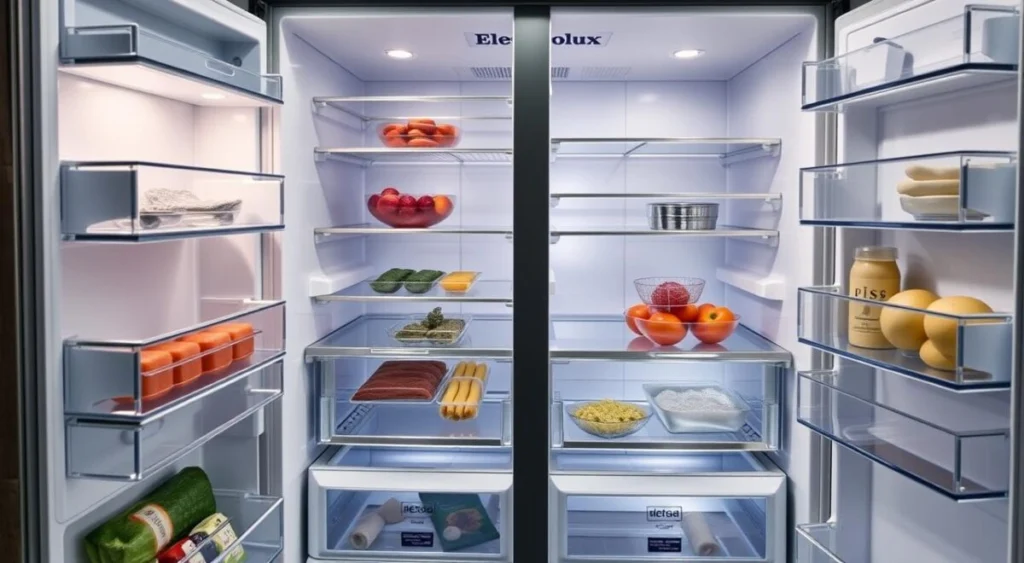 A detailed interior view of the refrigerator compartments of an Electrolux Side by Side Efficient refrigerator with Autosense technology, 435L capacity. The image showcases the various storage areas, shelves, and drawers within the refrigerator, illuminated by soft, natural lighting that accentuates the sleek, modern design. The arrangement of the compartments reflects optimal organization and efficient use of the available space, highlighting the refrigerator's versatile and practical features. The image should convey a sense of order, functionality, and the sophisticated technology that powers this Electrolux appliance.