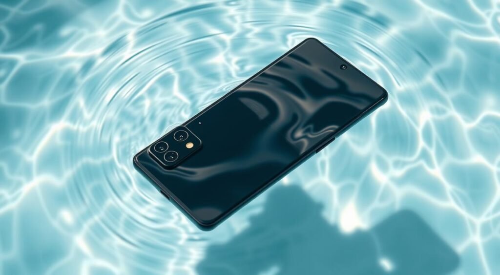 A high-angle shot of the sleek, midnight-black Samsung Galaxy S24 Ultra smartphone, showcasing its IP68 water and dust resistance. The device is submerged in a clear pool of crystal-clear water, its surface rippling with gentle motion. The lighting is soft and natural, creating a serene, tranquil atmosphere. The smartphone's premium metal and glass design is prominently displayed, with intricate details like the camera array and screen edge visible. The overall scene conveys the durability and resilience of this top-of-the-line smartphone, perfectly aligned with the "Resistência IP68 e Durabilidade" section of the article. A high-angle shot of the sleek, midnight-black Samsung Galaxy S24 Ultra smartphone, showcasing its IP68 water and dust resistance. The device is submerged in a clear pool of crystal-clear water, its surface rippling with gentle motion. The lighting is soft and natural, creating a serene, tranquil atmosphere. The smartphone's premium metal and glass design is prominently displayed, with intricate details like the camera array and screen edge visible. The overall scene conveys the durability and resilience of this top-of-the-line smartphone, perfectly aligned with the "Resistência IP68 e Durabilidade" section of the article.