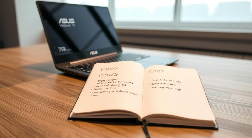 A sleek and modern ASUS Vivobook 15 M1502YA laptop sits on a minimalist wooden desk, the matte black chassis contrasting elegantly with the natural grain. In the foreground, an open notebook displays a list of pros and cons, neatly handwritten in a clean, modern font. Soft, diffused lighting from a large window illuminates the scene, casting subtle shadows and highlighting the laptop's crisp display and refined design. The background is blurred, drawing the viewer's attention to the central focus - the notebook and the thoughtful evaluation of the laptop's features. The overall mood is one of refined professionalism and careful consideration. A sleek and modern ASUS Vivobook 15 M1502YA laptop sits on a minimalist wooden desk, the matte black chassis contrasting elegantly with the natural grain. In the foreground, an open notebook displays a list of pros and cons, neatly handwritten in a clean, modern font. Soft, diffused lighting from a large window illuminates the scene, casting subtle shadows and highlighting the laptop's crisp display and refined design. The background is blurred, drawing the viewer's attention to the central focus - the notebook and the thoughtful evaluation of the laptop's features. The overall mood is one of refined professionalism and careful consideration.