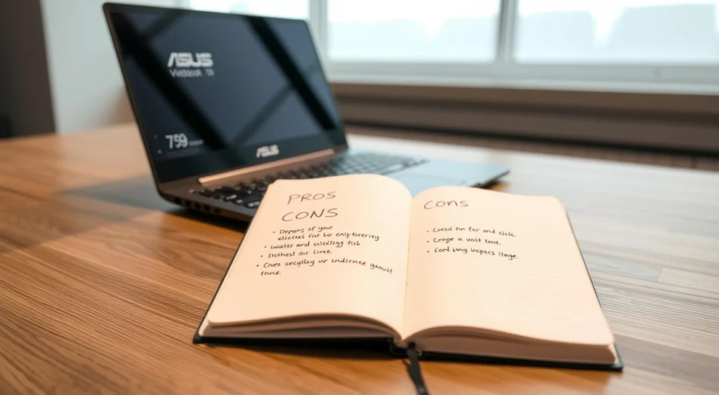 A sleek and modern ASUS Vivobook 15 M1502YA laptop sits on a minimalist wooden desk, the matte black chassis contrasting elegantly with the natural grain. In the foreground, an open notebook displays a list of pros and cons, neatly handwritten in a clean, modern font. Soft, diffused lighting from a large window illuminates the scene, casting subtle shadows and highlighting the laptop's crisp display and refined design. The background is blurred, drawing the viewer's attention to the central focus - the notebook and the thoughtful evaluation of the laptop's features. The overall mood is one of refined professionalism and careful consideration.