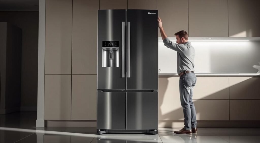 A sleek, modern refrigerator stands proudly in a well-lit kitchen. Its stainless steel exterior gleams under the soft, diffused lighting, casting subtle reflections on the polished tiles below. The refrigerator's side-by-side design showcases its impressive 435L capacity, with the Autosense technology ensuring optimal energy efficiency. The installation process is meticulously captured, showcasing the skilled technician expertly leveling the appliance and securing it in place, ensuring a seamless and professional finish. The overall scene exudes a sense of order, organization, and attention to detail, perfectly complementing the high-quality, innovative Electrolux refrigerator. A sleek, modern refrigerator stands proudly in a well-lit kitchen. Its stainless steel exterior gleams under the soft, diffused lighting, casting subtle reflections on the polished tiles below. The refrigerator's side-by-side design showcases its impressive 435L capacity, with the Autosense technology ensuring optimal energy efficiency. The installation process is meticulously captured, showcasing the skilled technician expertly leveling the appliance and securing it in place, ensuring a seamless and professional finish. The overall scene exudes a sense of order, organization, and attention to detail, perfectly complementing the high-quality, innovative Electrolux refrigerator.