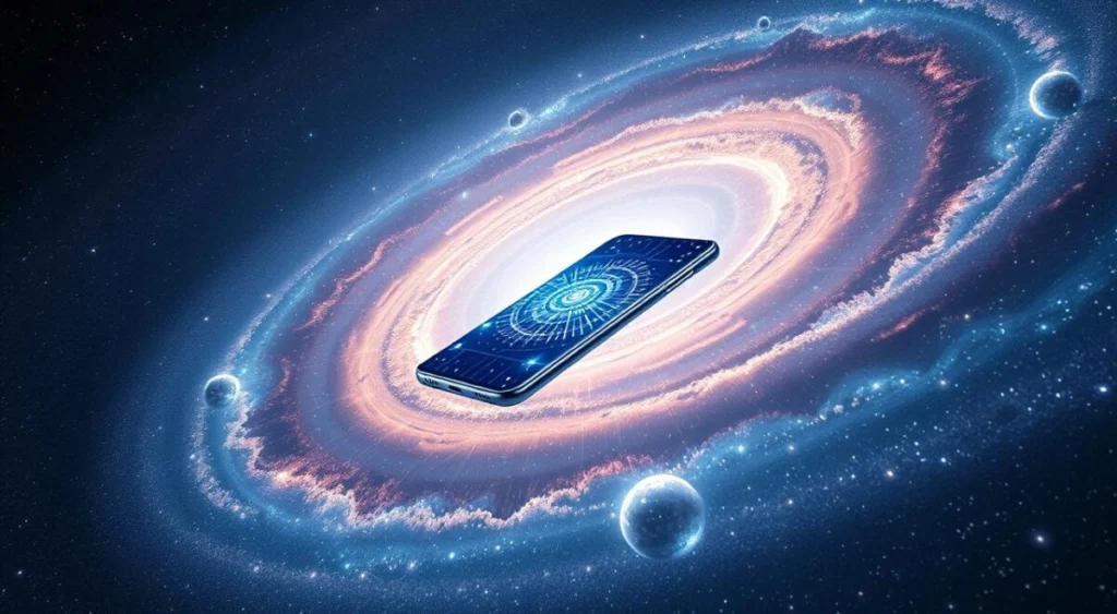 A vast, awe-inspiring galaxy unfolds, its swirling arms of luminous cosmic dust and glittering stars. At the center, a sleek, technologically-advanced smartphone floats, its display radiating an intelligent glow. Intricate AI-powered algorithms dance across the screen, visualizing the advanced computational processes that power the device's cutting-edge features. Surrounding the smartphone, ethereal energy fields and holographic interfaces hint at the Galaxy AI's unprecedented capabilities. The scene is bathed in a soft, dramatic lighting, creating an atmosphere of innovation, exploration, and the boundless potential of intelligent technology.