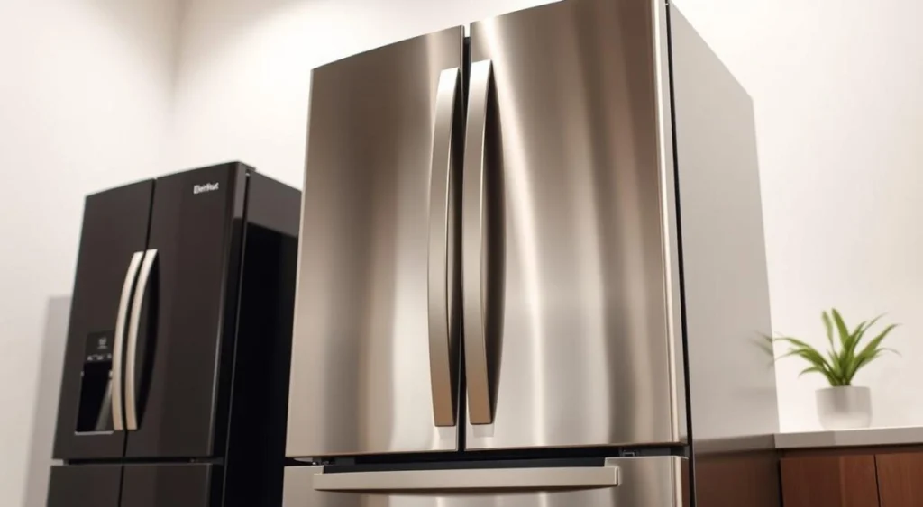 An ultra-modern, sleek and durable Electrolux refrigerator with a 435-liter capacity, captured in a well-lit studio setting. The refrigerator's gleaming stainless steel exterior reflects the room's soft, diffused lighting, creating a sense of elegance and sophistication. The camera angle emphasizes the refrigerator's impressive size and solid construction, conveying a strong impression of reliability and longevity. Subtle details, such as the seamless door hinges and the high-quality finish, further reinforce the refrigerator's exceptional build quality and attention to detail. The overall scene evokes a sense of confidence and assurance in the product's durability and long-lasting performance.