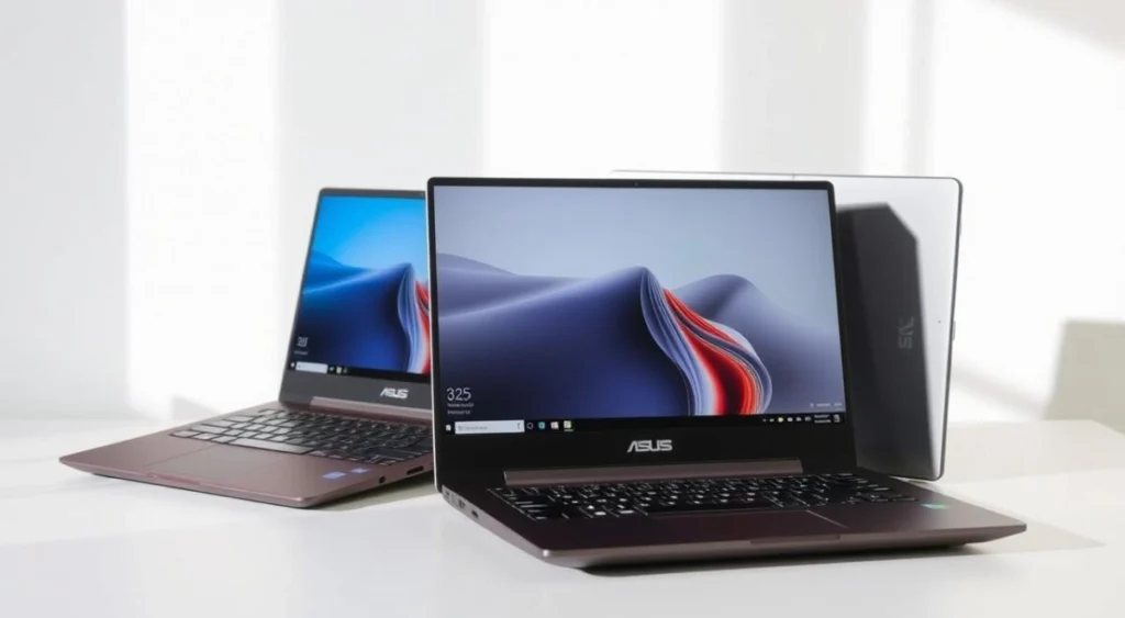 Comparativo notebook: Two sleek and powerful laptops, showcasing their distinct features. In the foreground, the ASUS Vivobook 15 M1502YA shines with its 15.6" FHD display, AMD Ryzen 7 7730U processor, 16GB RAM, and 1TB SSD storage, running Linux KeepOS. Beside it, a competitor model stands, inviting a side-by-side comparison. The scene is illuminated by soft, natural lighting, creating a professional and informative atmosphere. The camera captures the laptops at a three-quarter angle, highlighting their design elements and allowing for a detailed examination of their specifications and capabilities.