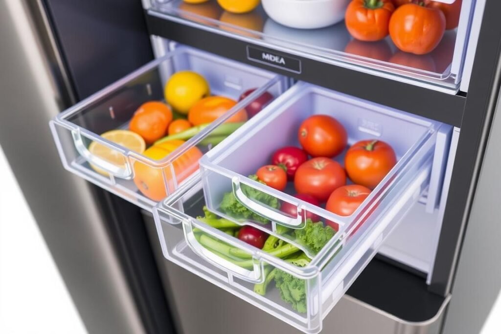 Gavetas de frutas e legumes da Geladeira Side by Side 511L Inverter Cor Preto Conectada Midea MD-RS710FGD282 Gavetas de frutas e legumes da Geladeira Side by Side 511L Inverter Cor Preto Conectada Midea MD-RS710FGD282