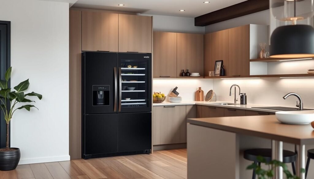 Geladeira Side by Side 511L Inverter Cor Preto Conectada Midea MD-RS710FGD282 em ambiente de cozinha moderna Geladeira Side by Side 511L Inverter Cor Preto Conectada Midea MD-RS710FGD282 em ambiente de cozinha moderna