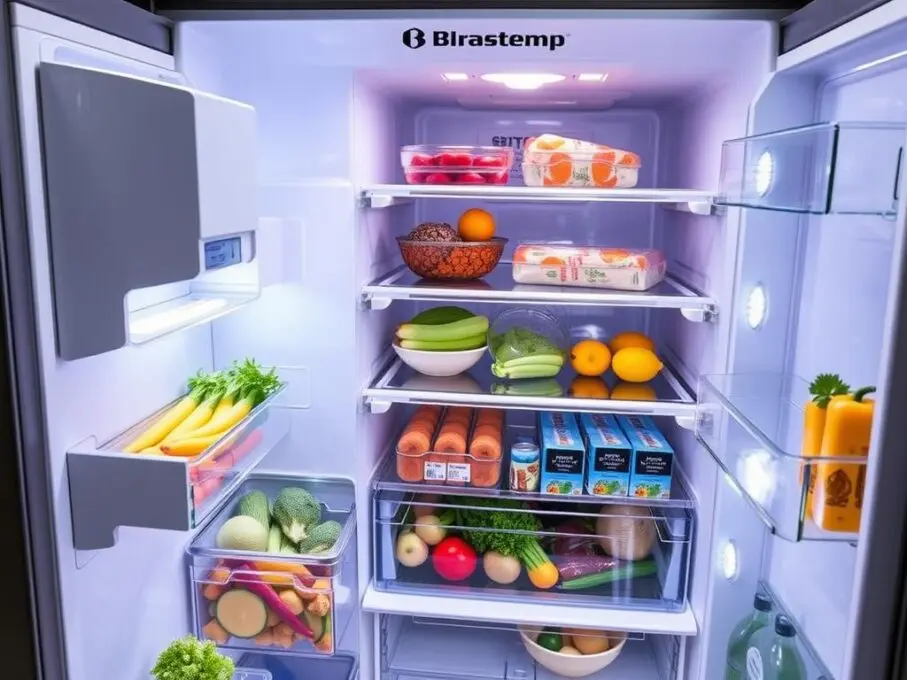 Interior da Geladeira Frost Free Brastemp Inverse mostrando prateleiras e gavetas
