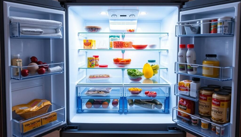Interior da Geladeira Side by Side 511L Inverter Cor Preto Conectada Midea MD-RS710FGD282 mostrando prateleiras Interior da Geladeira Side by Side 511L Inverter Cor Preto Conectada Midea MD-RS710FGD282 mostrando prateleiras