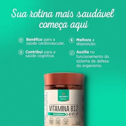         Nutrify - Vitamina B12 - Metilcobalamina 414% VD - Multivitamínico - Suplemento Alimentar para o Metabolismo Energético - Vegano e Livre de Aditivos Artificiais - 60 Cápsulas       