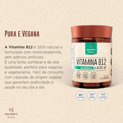         Nutrify - Vitamina B12 - Metilcobalamina 414% VD - Multivitamínico - Suplemento Alimentar para o Metabolismo Energético - Vegano e Livre de Aditivos Artificiais - 60 Cápsulas       